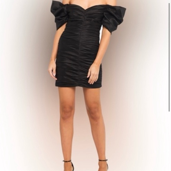 NWT Revolve Bardot Black Ruched Bodycon Mini Dress - Picture 3 of 10